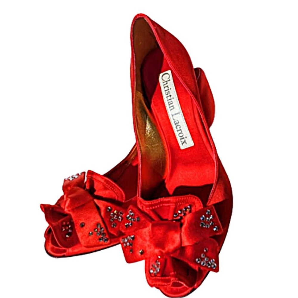 Vintage Christian Lacroix Red Satin Bow Rhinestone Peep Toe Pumps Y2K Designer - Picture 5 of 7